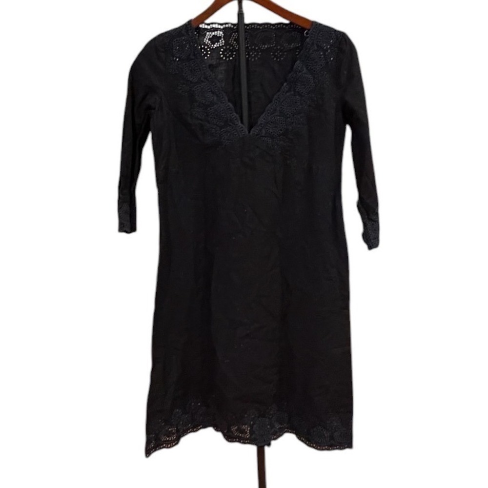 Untitled Black Eyelet Lace V-Neck Shift Dress Japenese Sleeve Boho Linen Blend 2